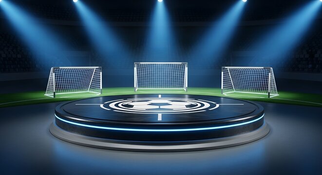 Futuristic soccer stadium with glowing goals and a central platform, symbolizing digital sports competition