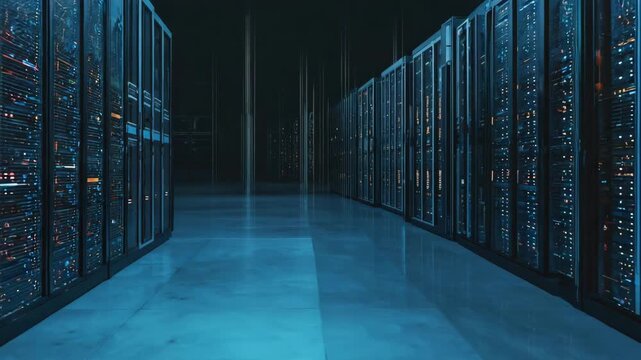 Data center servers glowing in the dark ready to send data globally with high performance