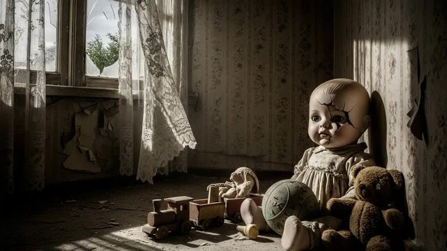A broken doll, a teddy bear and a wooden train in an abandoned, dusty room. The theme is mysticism, horror and Halloween.