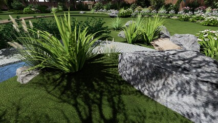 3d image of the landscape design of the home territory. Landscaping of the territory. Computer visualization of composite landscaping and landscaping solutions.