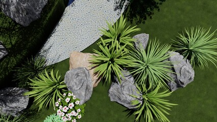3d image of the landscape design of the home territory. Landscaping of the territory. Computer visualization of composite landscaping and landscaping solutions.