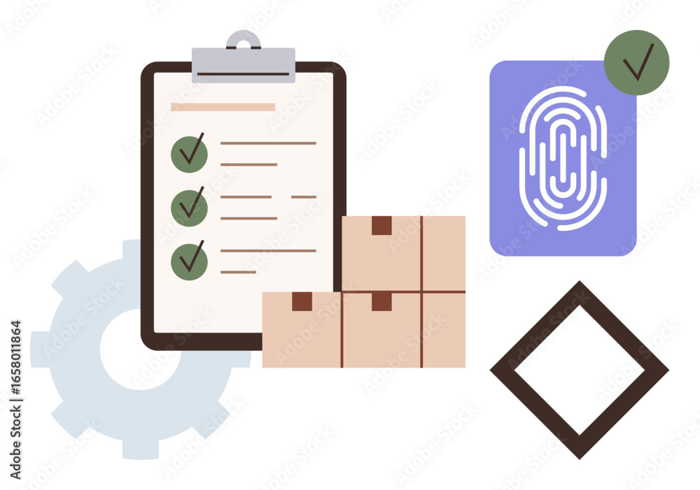 Poster clipboard with checklist and tick marks, stacked boxes, fingerprint scan for security, gear, and dia