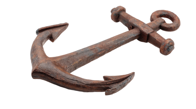 Rusty anchor isolated on transparent background with weathered metal texture and vintage style