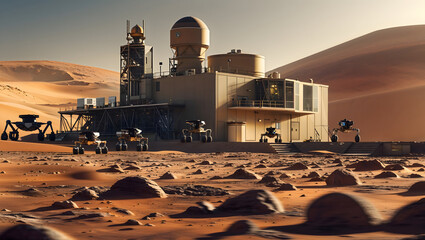 A futuristic mars base with rovers exploring the red planets surface, showcasing human settlement and scientific research