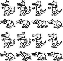 Cartoon Dinosaur Illustration Grid. Hand-Drawn Dinosaur Collection for Kids. Playful Black and White Dino Vector Set.
