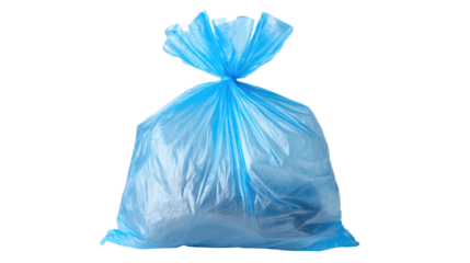 Blue plastic garbage bag isolated on transparent background with tied top and visible texture