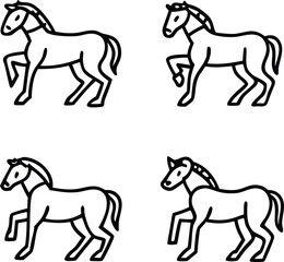 Minimalist Horse Silhouette Set. Four Stylized Equine Line Art Graphics. Black Horse Movement and Pose Vector Collection.
