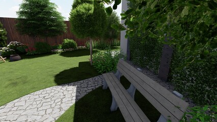 3d image of the landscape design of the home territory. Landscaping of the territory. Computer visualization of composite landscaping and landscaping solutions.