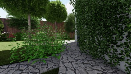 3d image of the landscape design of the home territory. Landscaping of the territory. Computer visualization of composite landscaping and landscaping solutions.