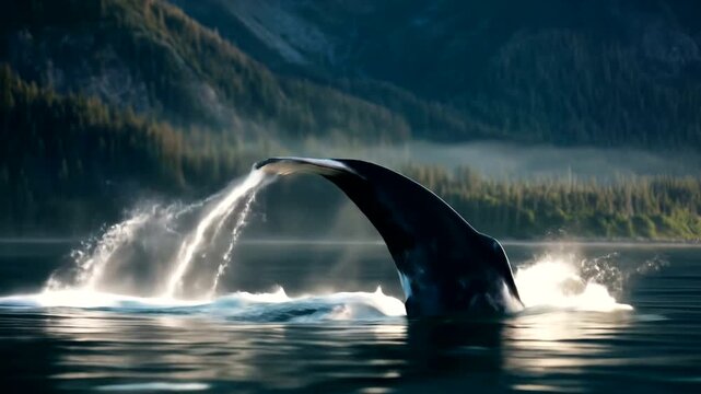 Majestic humpback whale breaches gracefully in serene coastal waters.