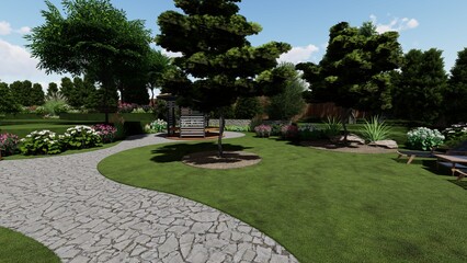 3d image of the landscape design of the home territory. Landscaping of the territory. Computer visualization of composite landscaping and landscaping solutions.