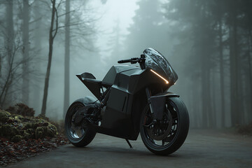Fototapeta premium Sleek black futuristic motorcycle with glowing headlights parked on a misty forest road, evoking adventure and modern design.