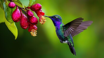 Fototapeta premium Purple Hummingbird Feeding on Red Flower in Costa Rican Rainforest, Hyper-Detailed Render with Natural Light and Green Bokeh 