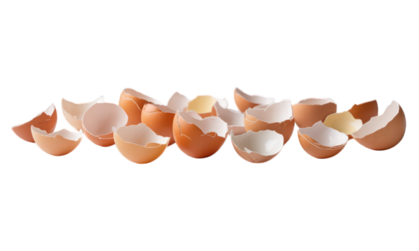 Broken eggshells, tan & white, scattered against a black background