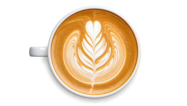 Top view of a hot cappuccino coffee cup with heart-shaped rosetta latte art foam isolated on a white background.