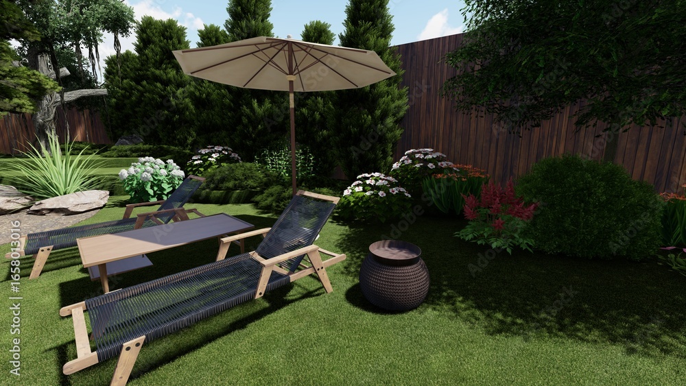 Aufkleber 3d image of the landscape design of the home territory. landscaping of the territory. computer visua