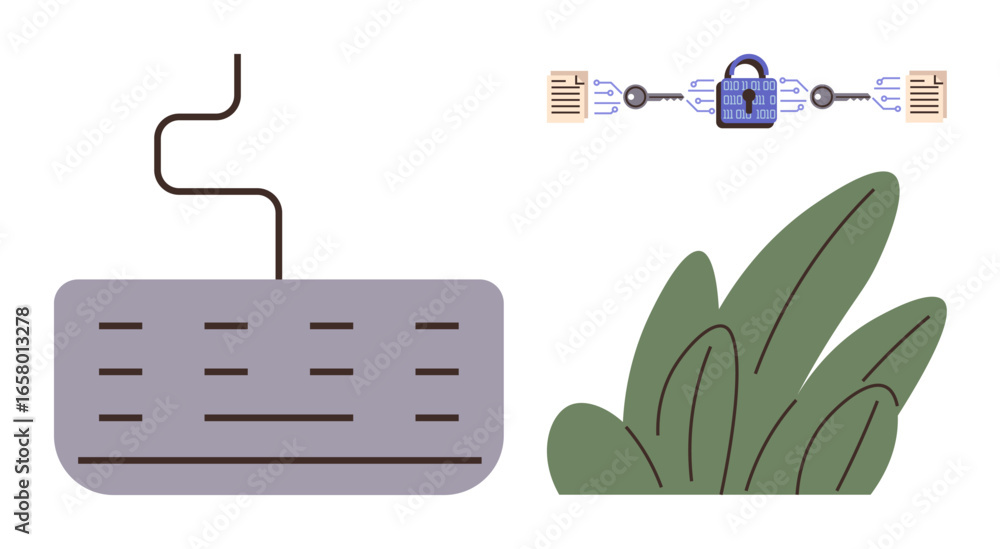 Poster computer keyboard and encrypted data transfer with a digital lock emphasize secure communication. gr