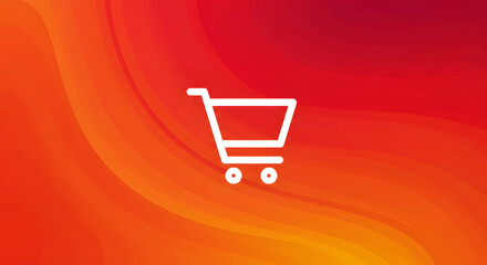 Modern White Shopping Cart Icon on Vibrant Abstract Red Orange Gradient Background for E-commerce and Retail Themes