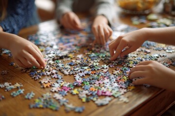Children are gathered around a wooden table, focused on assembling a colorful puzzle. Their hands interact with scattered pieces as they enjoy a collaborative and fun indoor activity together