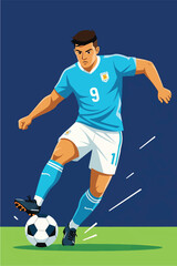 Football Player Kicking a Ball in a Soccer Match on a Blue Background