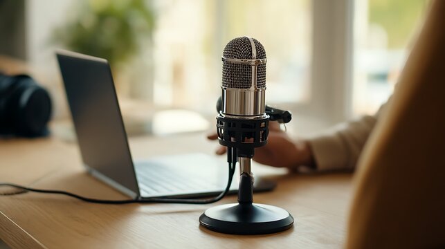 A condenser microphone sits on a desk next to a laptop poised for recording Ideal for podcasting voiceovers or studio sessions