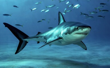 Naklejka premium Great White Shark Swimming Gracefully Beneath Sunlit Ocean Waters