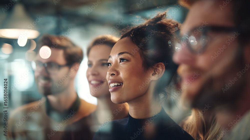 Poster a diverse group of colleagues looking forward smiling a positive atmosphere in an office showcasing 