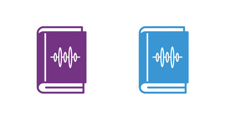 Two minimalist icons depicting audiobooks, one purple and one blue, each featuring a white sound waveform on its cover, symbolizing digital audio content.