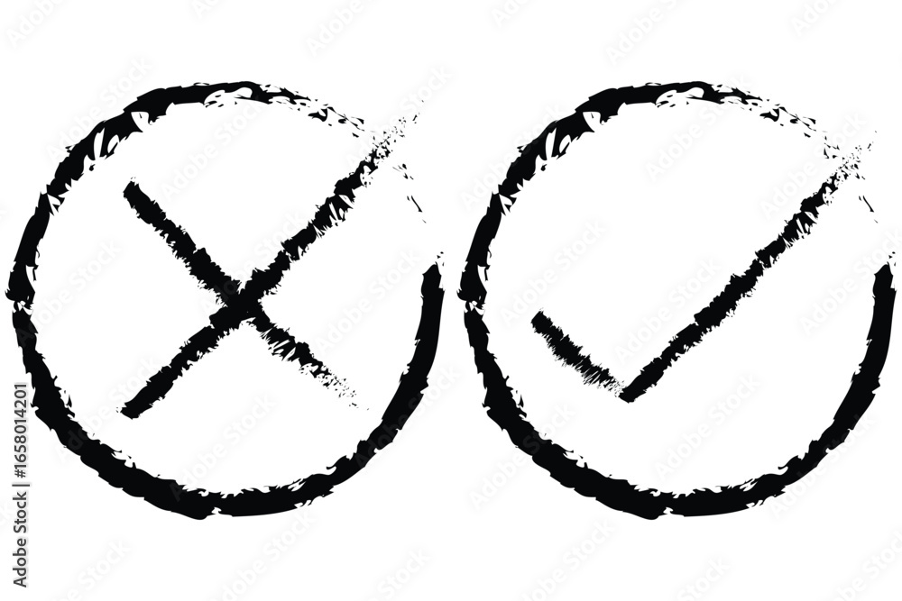 Poster set of hand drawn chalk check mark set. grunge checklist icons, sketch checkboxes, tick and cross sy