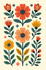 Vibrant Folk Art Inspired Floral Pattern With Stylized Blossoms and Leaves