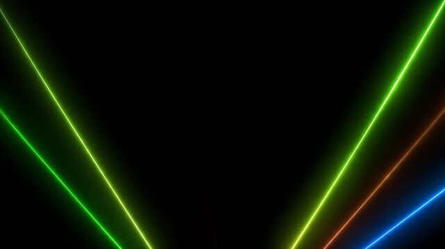 Glowing neon lines crisscross against a black background. Red, blue, green, yellow, and purple laser beams intersect, creating a modern, abstract design