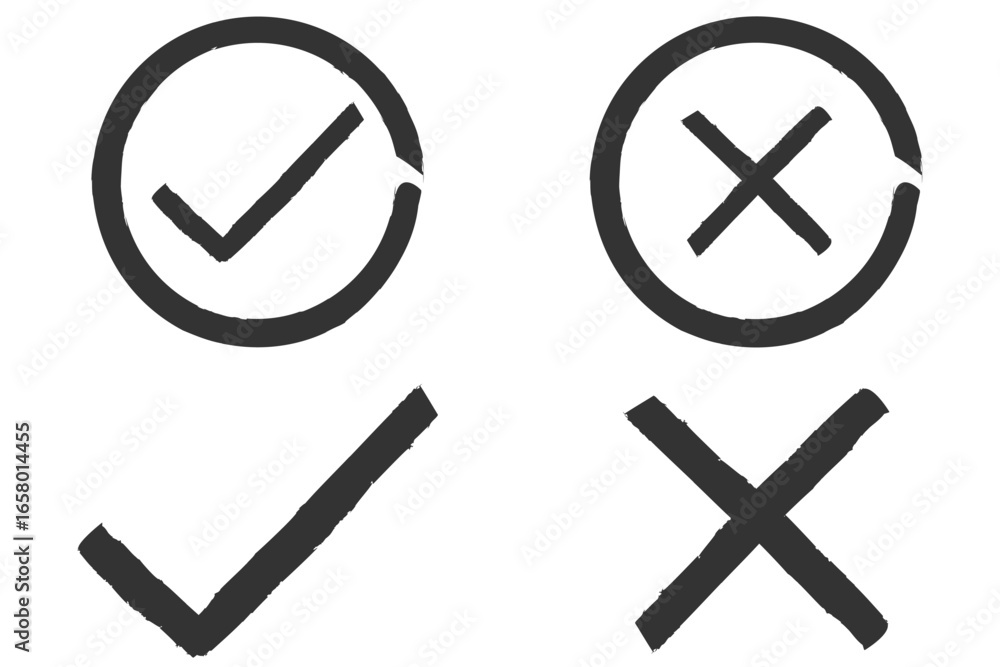 Poster set of hand drawn chalk check mark set. grunge checklist icons, sketch checkboxes, tick and cross sy