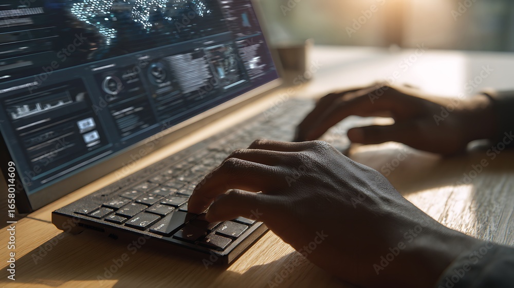 Poster close-up of hands typing on a laptop screen displaying complex data creating an image of technology 