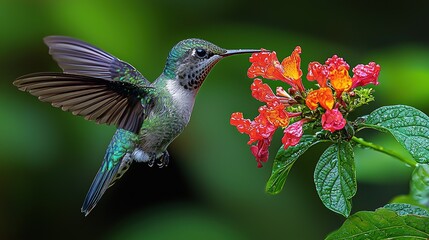 Fototapeta premium Purple Hummingbird Feeding on Red Flower in Costa Rican Rainforest, Hyper-Detailed Render with Natural Light and Green Bokeh 