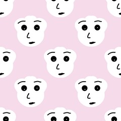 Seamless pattern with abstract cartoon faces on a soft pink background, perfect for fabric, wallpaper, modern design, or playful creative projects.