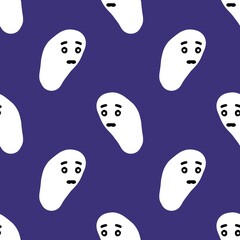 A minimalist and modern Halloween pattern featuring white, cute, and spooky ghost characters on a vibrant purple background. Ideal for fabric, digital designs, and seasonal decor.