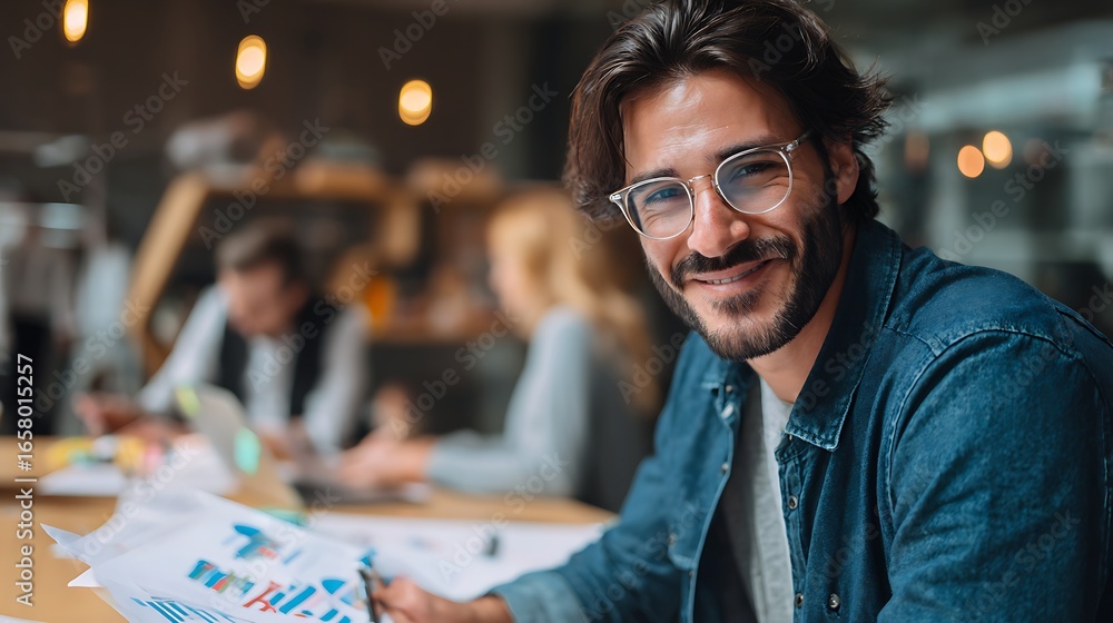 Poster confident professional smiles while reviewing financial charts at an open-concept workspace team in 
