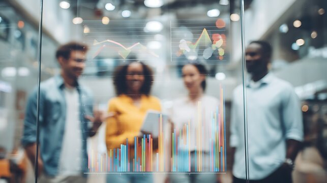 Diverse team collaborating on data-driven insights seen through a glass partition displaying charts and graphs Innovation in action