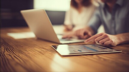 Team collaborating on data analysis using a laptop and tablet with charts Modern workplace meeting Wooden desk foreground