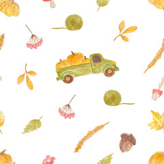 Watercolor autumn set. Cozy set. Leaves, pumpkin, fire, mushrooms, girl. Pattern