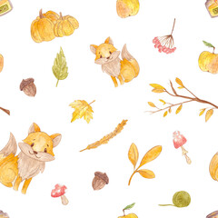 Watercolor autumn set. Cozy set. Leaves, pumpkin, fire, mushrooms, girl. Pattern