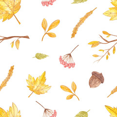 Watercolor autumn set. Cozy set. Leaves, pumpkin, fire, mushrooms, girl. Pattern