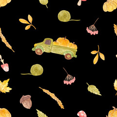 Watercolor autumn set. Cozy set. Leaves, pumpkin, fire, mushrooms, girl. Pattern