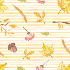Watercolor autumn set. Cozy set. Leaves, pumpkin, fire, mushrooms, girl. Pattern