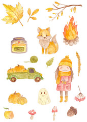 Watercolor autumn set. Cozy set. Leaves, pumpkin, fire, mushrooms, girl. Pattern