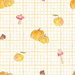 Watercolor autumn set. Cozy set. Leaves, pumpkin, fire, mushrooms, girl. Pattern