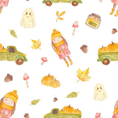 Watercolor autumn set. Cozy set. Leaves, pumpkin, fire, mushrooms, girl. Pattern