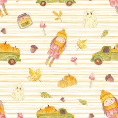 Watercolor autumn set. Cozy set. Leaves, pumpkin, fire, mushrooms, girl. Pattern