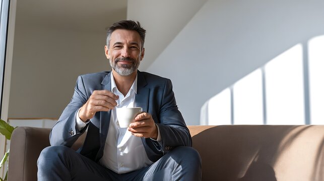 Relaxed businessman takes a coffee break Gray suited man enjoys a moment of calm Comfortable sofa bright window morning light