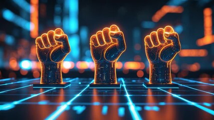 Futuristic glowing neon fists raised on digital grid background with cyber city lights and abstract virtual technology design - Powered by Adobe